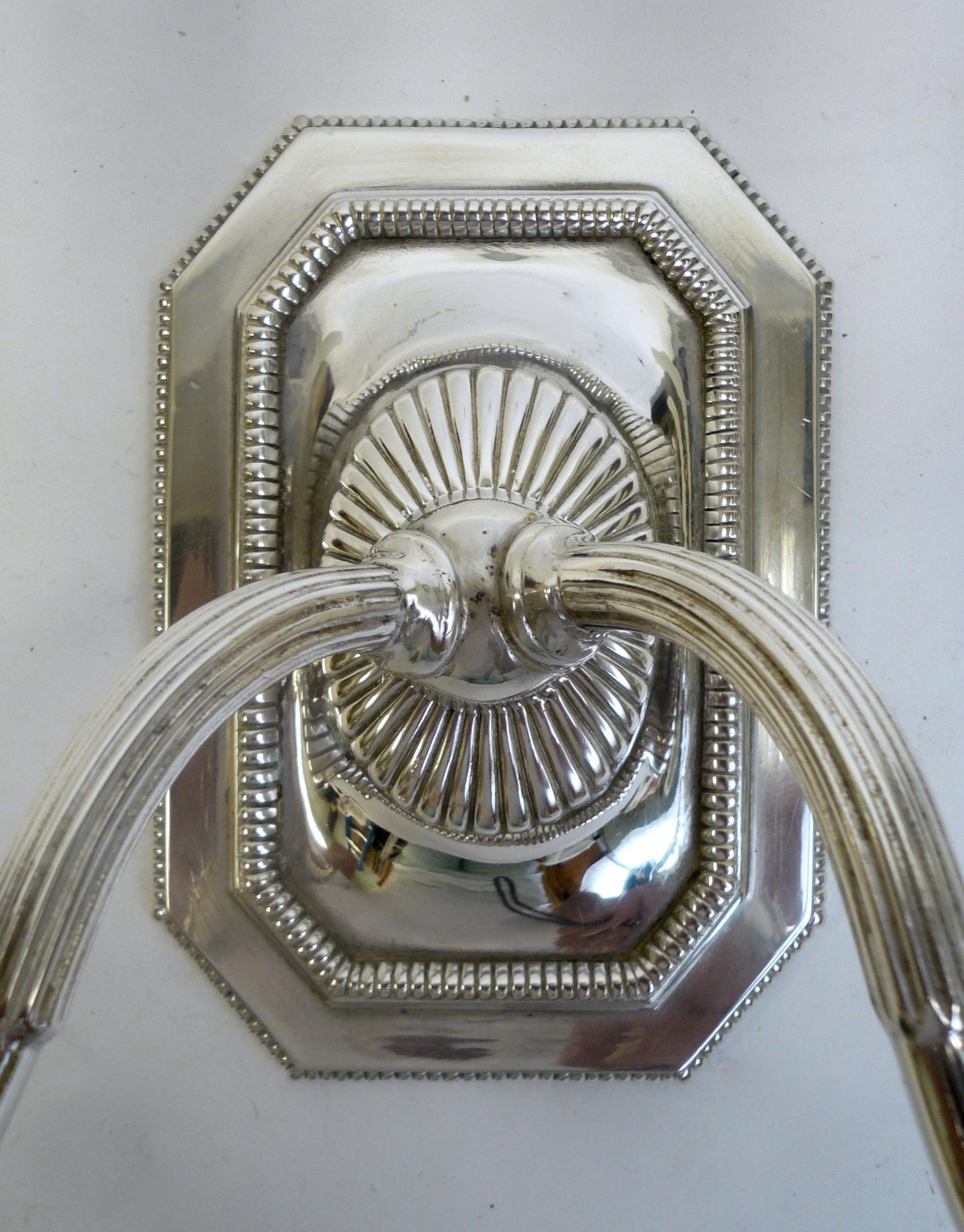 Neoclassical Pair of Signed E. F.Caldwell Georgian Style Two-Light Silver Sconces