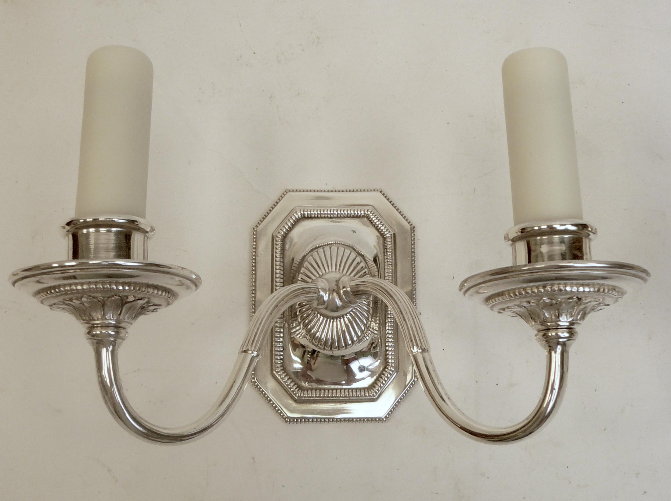 American Pair of Signed E. F.Caldwell Georgian Style Two-Light Silver Sconces