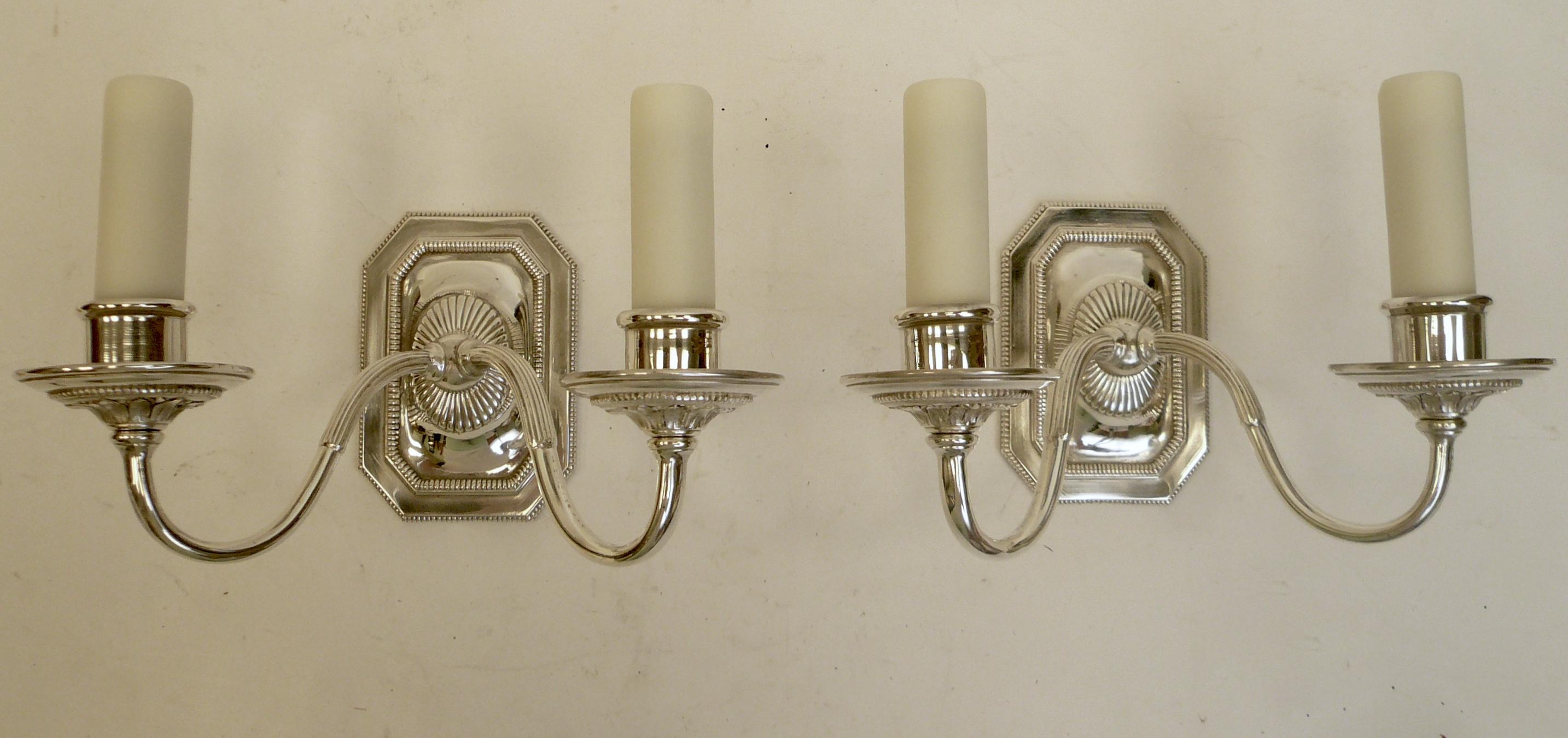 Pair of Signed E. F.Caldwell Georgian Style Two-Light Silver Sconces 1