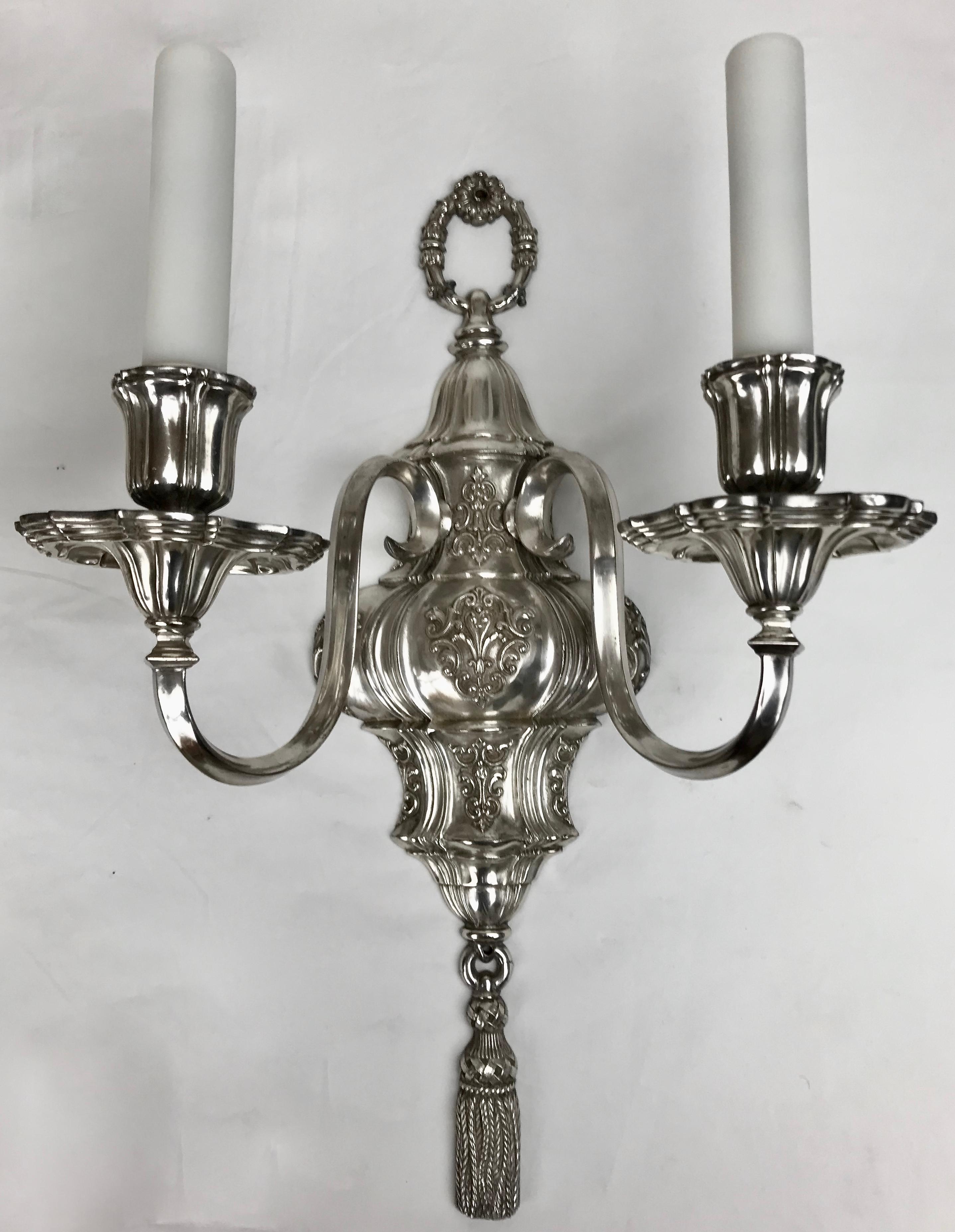 Silvered Pair Signed E.F. Caldwell Georgian Style Sliver Sconces For Sale