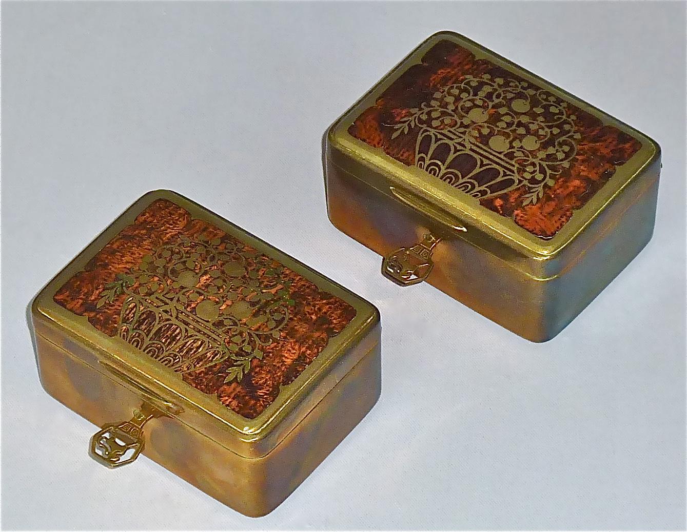Jugendstil Pair Signed Erhard Sohne Trinket Casket Box Casket Original Keys Brass Wood 1900 For Sale
