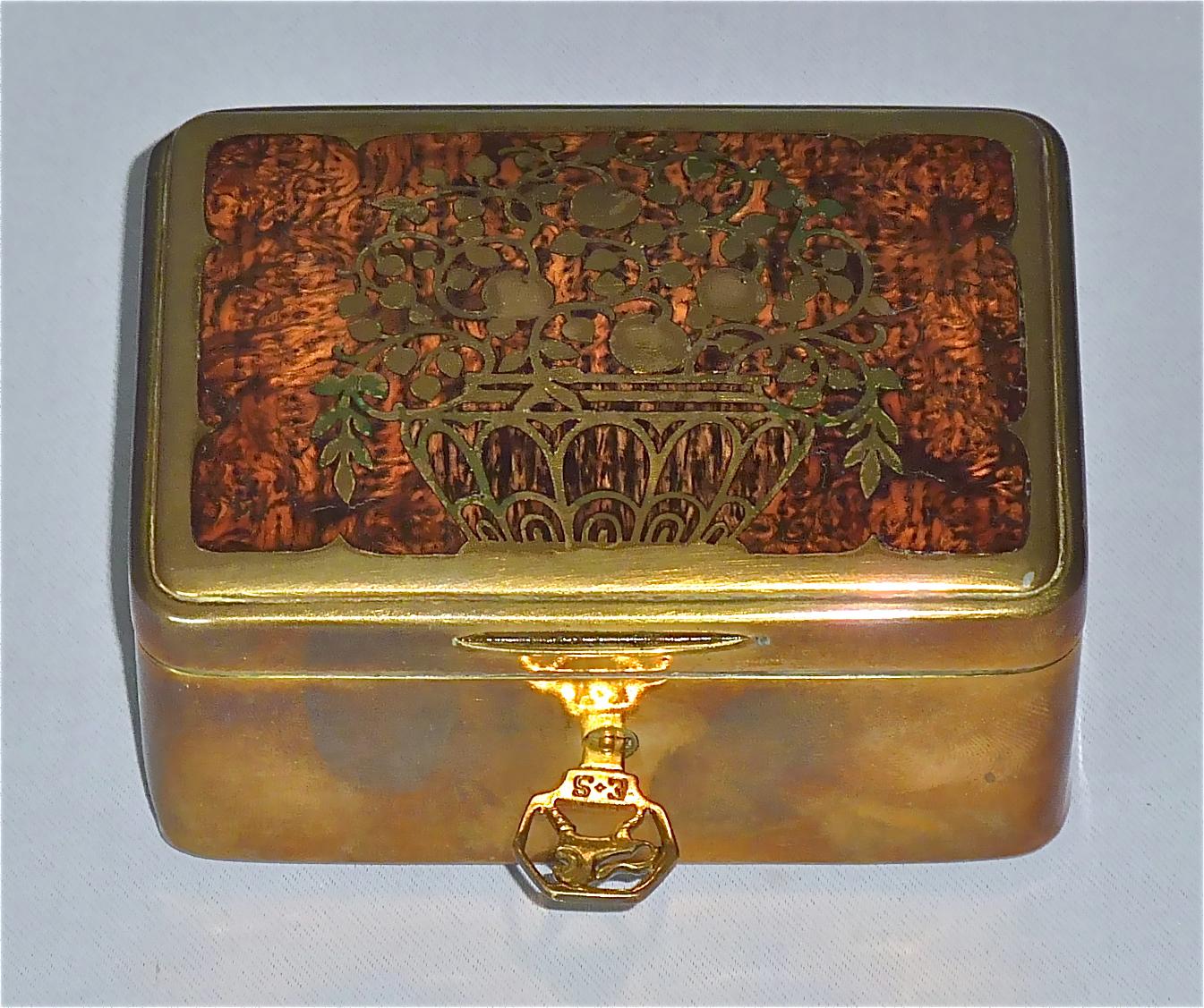 German Pair Signed Erhard Sohne Trinket Casket Box Casket Original Keys Brass Wood 1900 For Sale