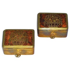 Pair Signed Erhard Sohne Trinket Casket Box Casket Original Keys Brass Wood 1900
