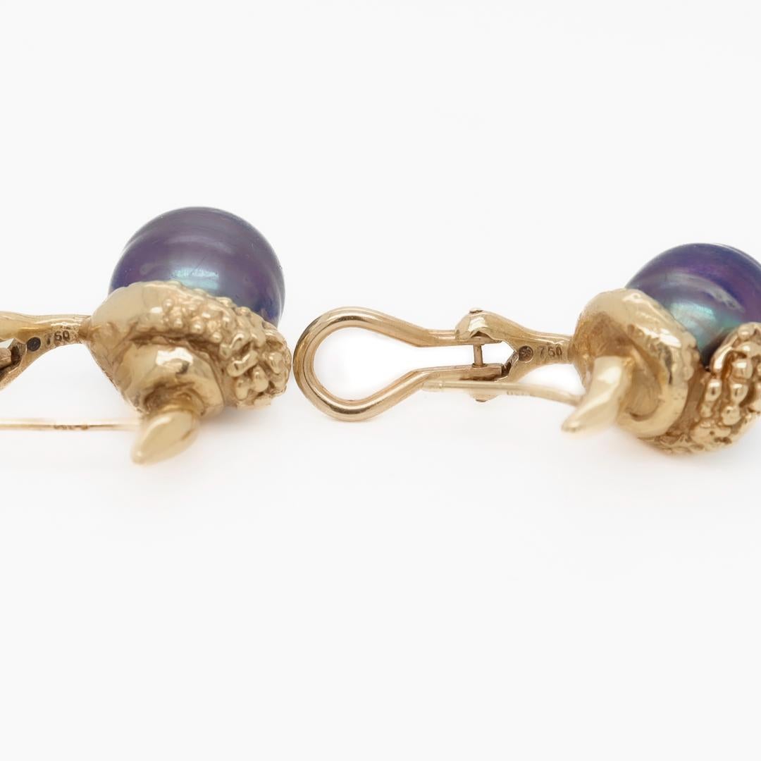 Pair Signed Lazaro Diaz 18k Yellow Gold & Tahitian Pearl Figural Snake Earrings For Sale 6