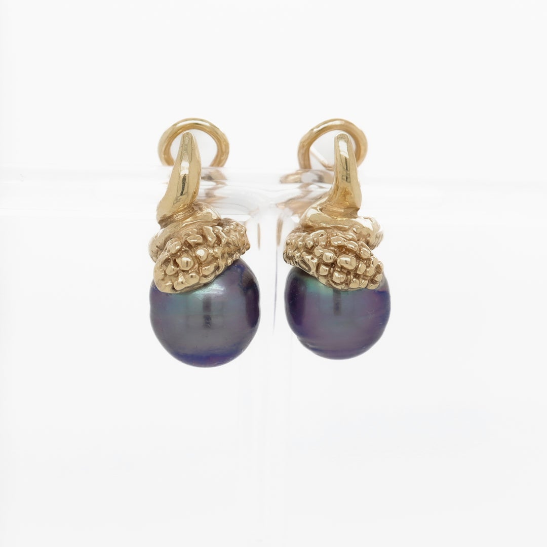 Modern Pair Signed Lazaro Diaz 18k Yellow Gold & Tahitian Pearl Figural Snake Earrings For Sale