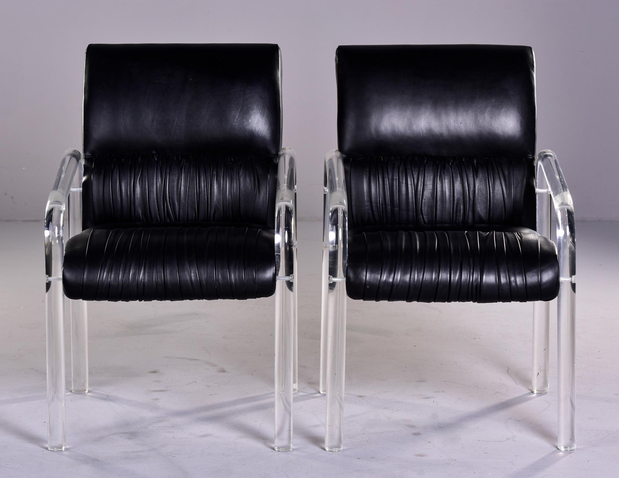 Mid-Century Modern Pair Signed Lion in Frost Lucite and Black Leather Arm Chairs