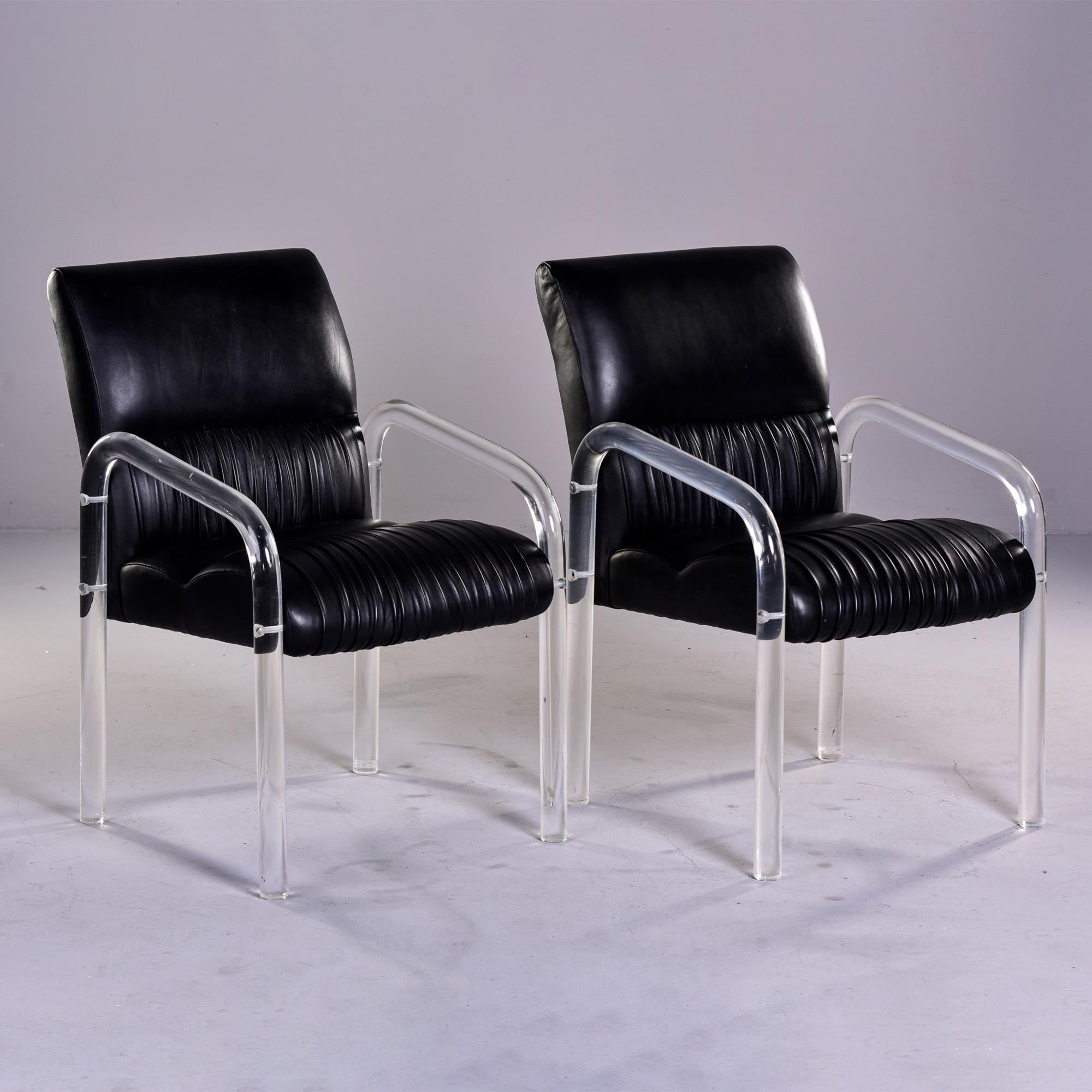 American Pair Signed Lion in Frost Lucite and Black Leather Arm Chairs