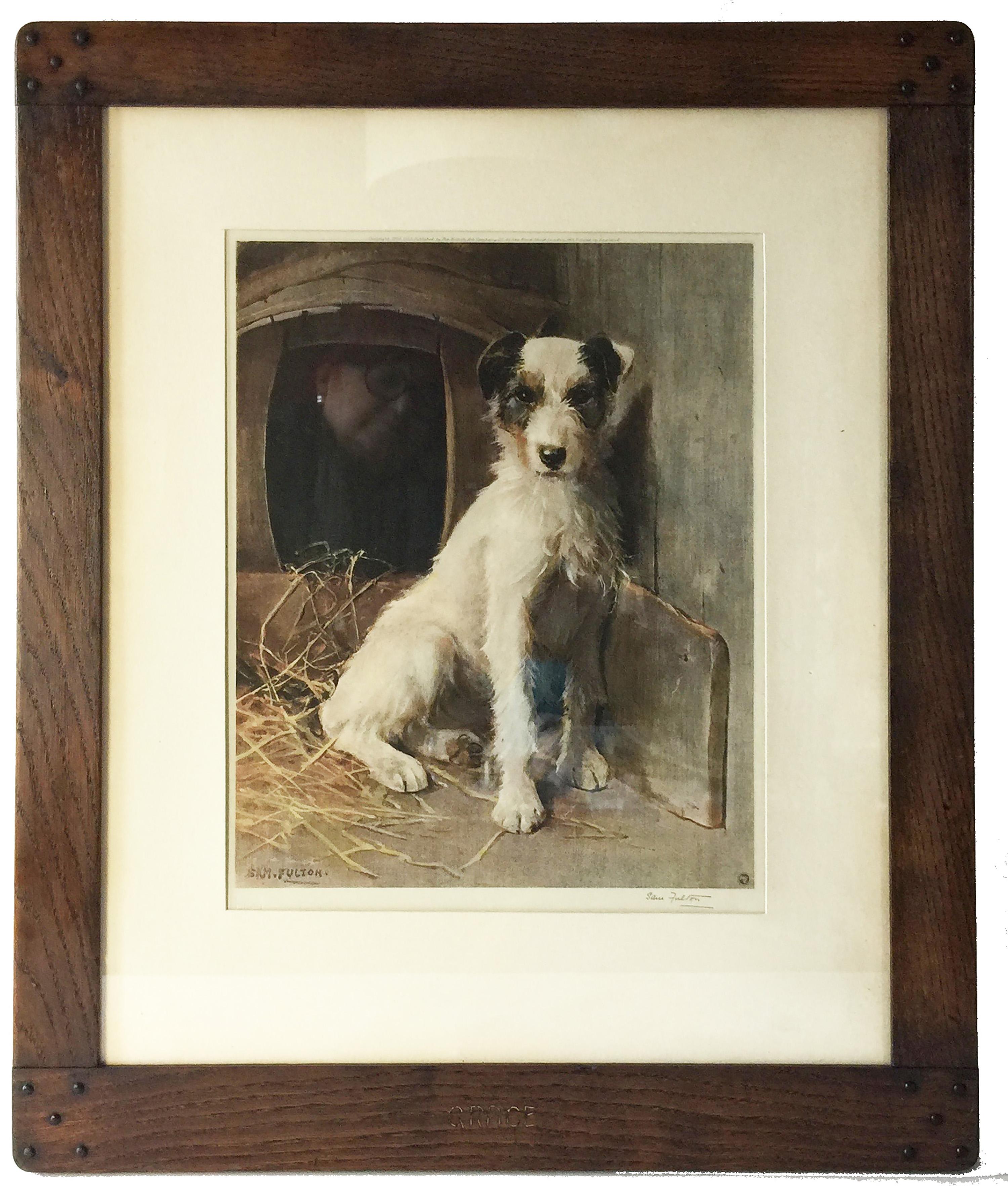 Pair of framed signed dog portraits of Grace and Disgrace by Sam Fulton printed by the British Art Company - England. The frames are Arts and Crafts in style with one metal dowel missing. Impint - Copyright 1920 USA Published by The British Art
