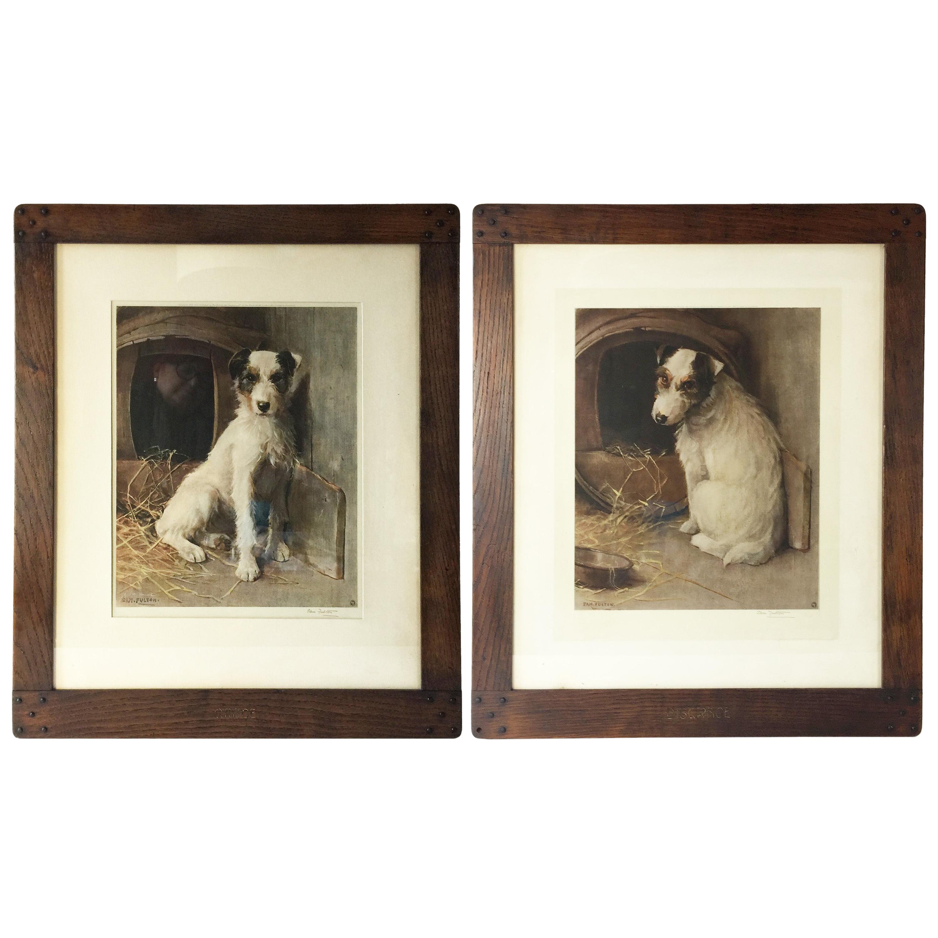 Pair of Signed Lithographic Dog Portrait, Grace and Disgrace by Sam Fulton For Sale