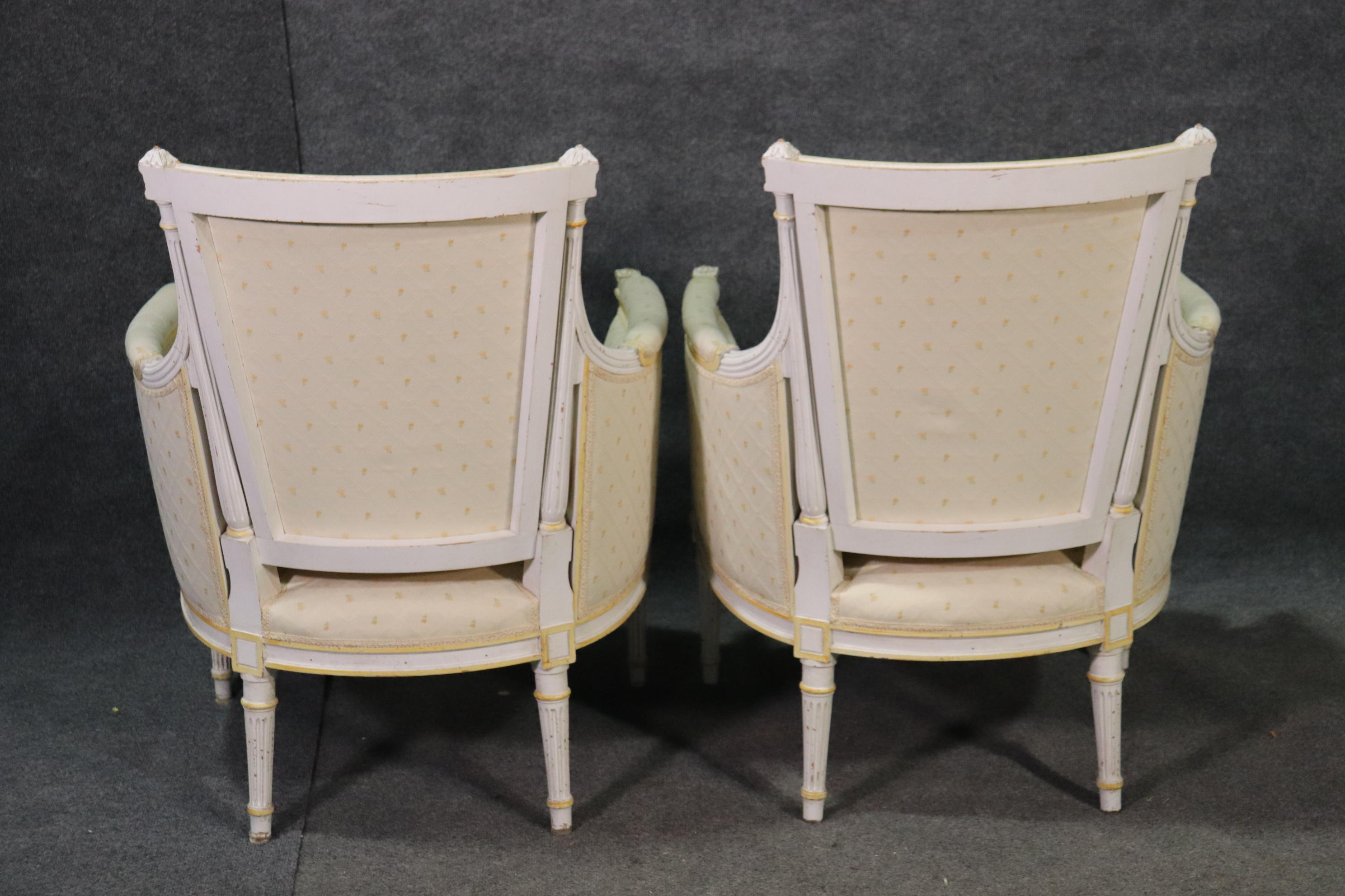 French Pair Signed Maison Jansen White Painted Louis XVI Bergère Lounge Chairs C1940 For Sale