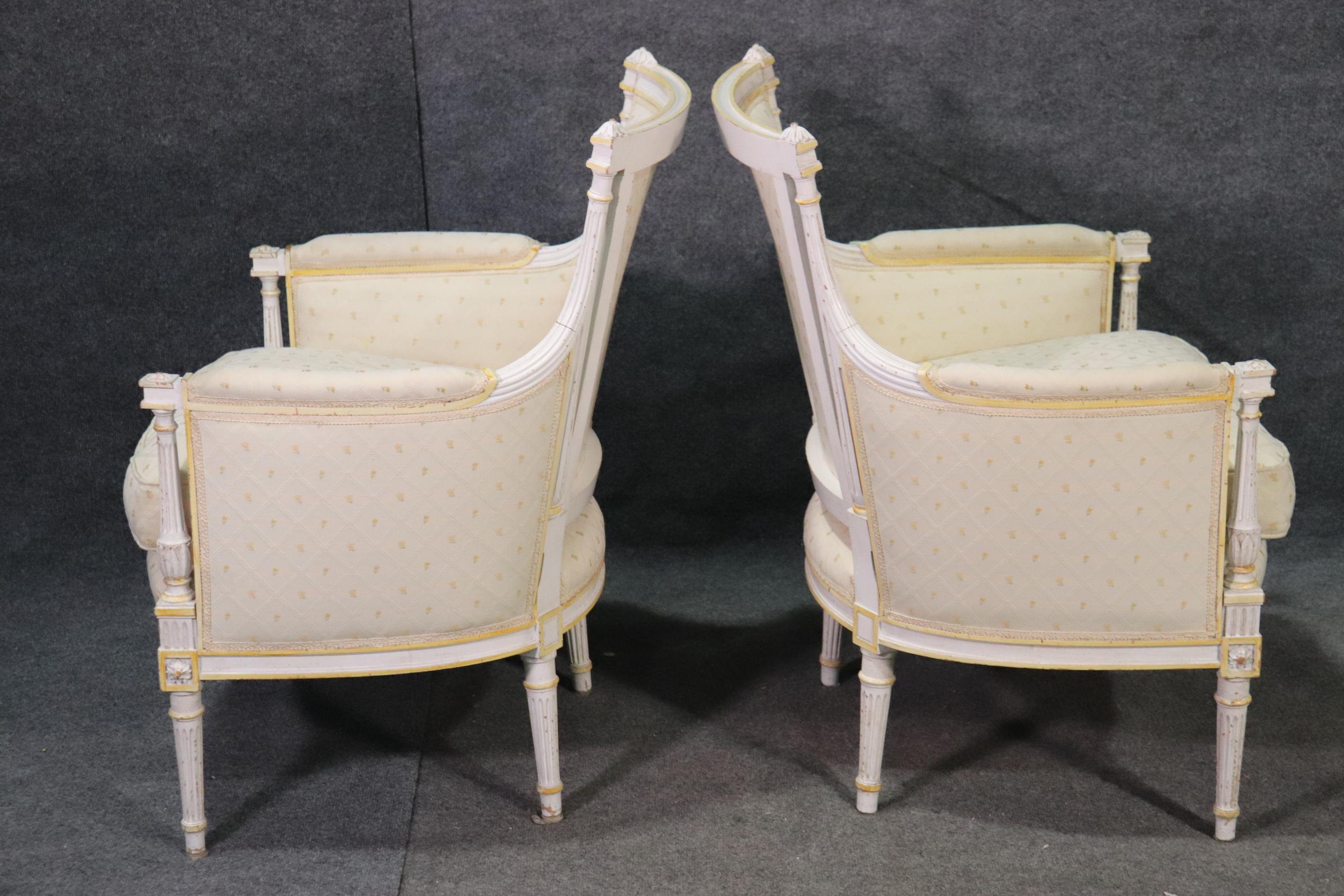 Pair Signed Maison Jansen White Painted Louis XVI Bergère Lounge Chairs C1940 In Good Condition For Sale In Swedesboro, NJ