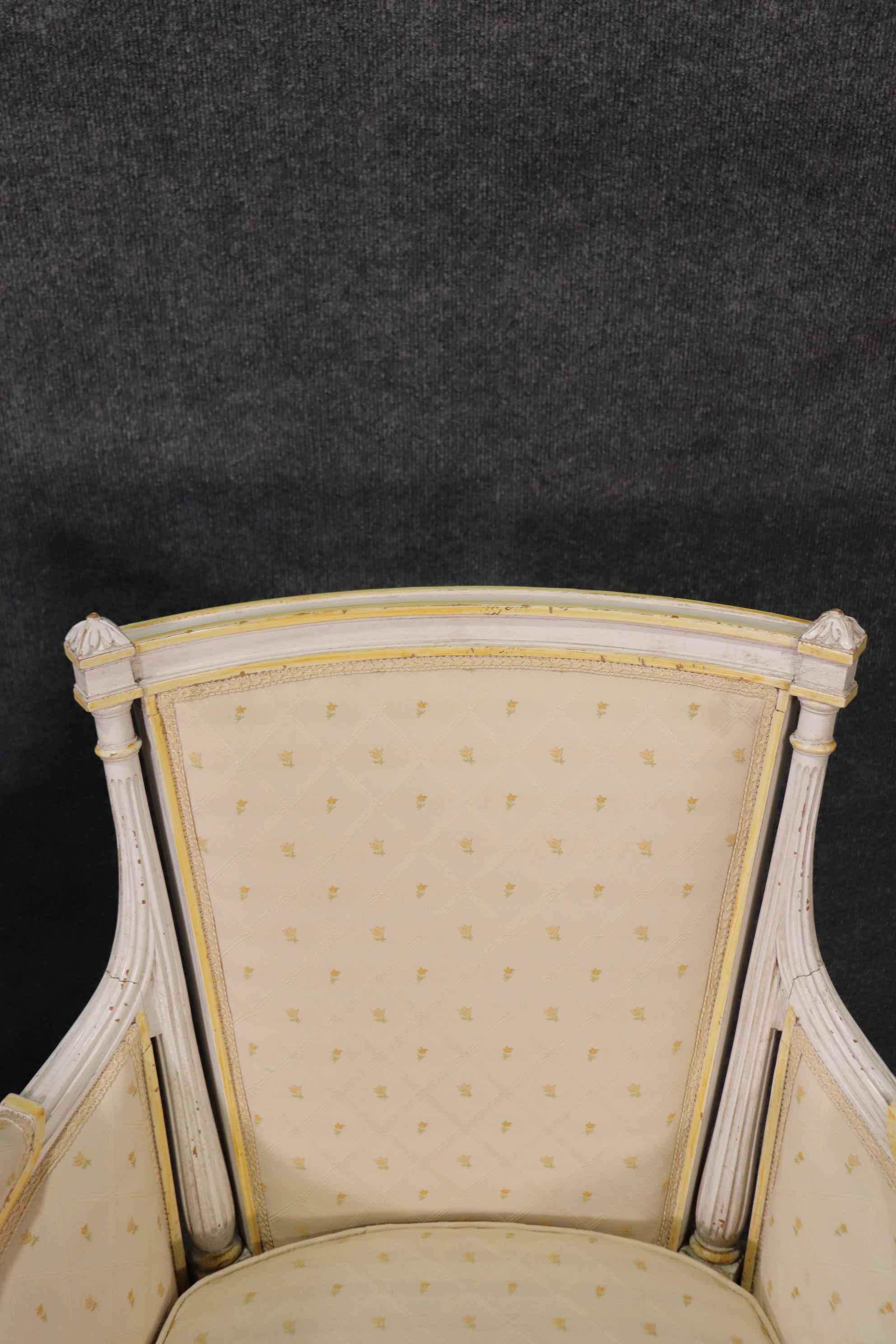 Mid-20th Century Pair Signed Maison Jansen White Painted Louis XVI Bergère Lounge Chairs C1940 For Sale