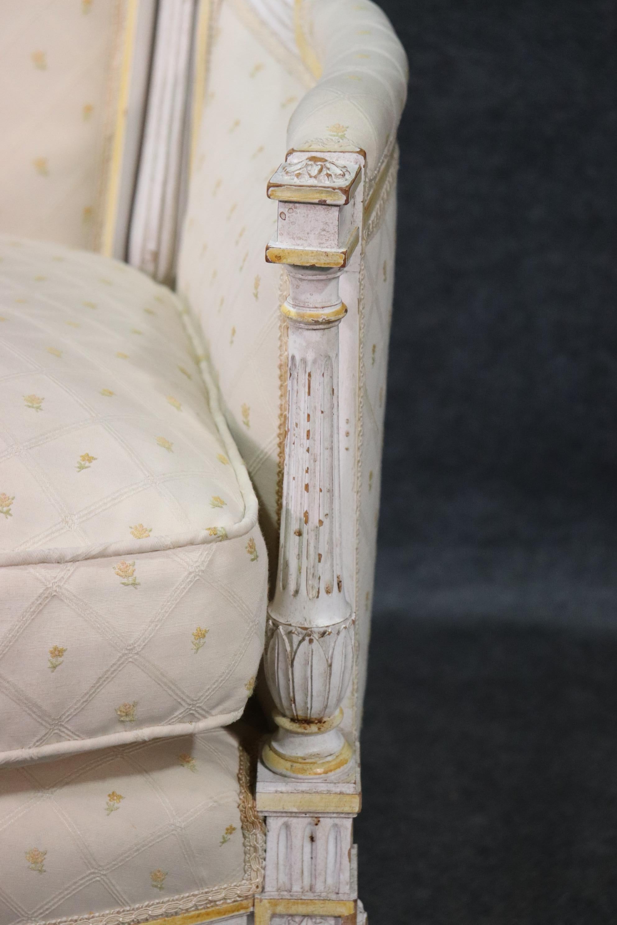 Pair Signed Maison Jansen White Painted Louis XVI Bergère Lounge Chairs C1940 For Sale 3