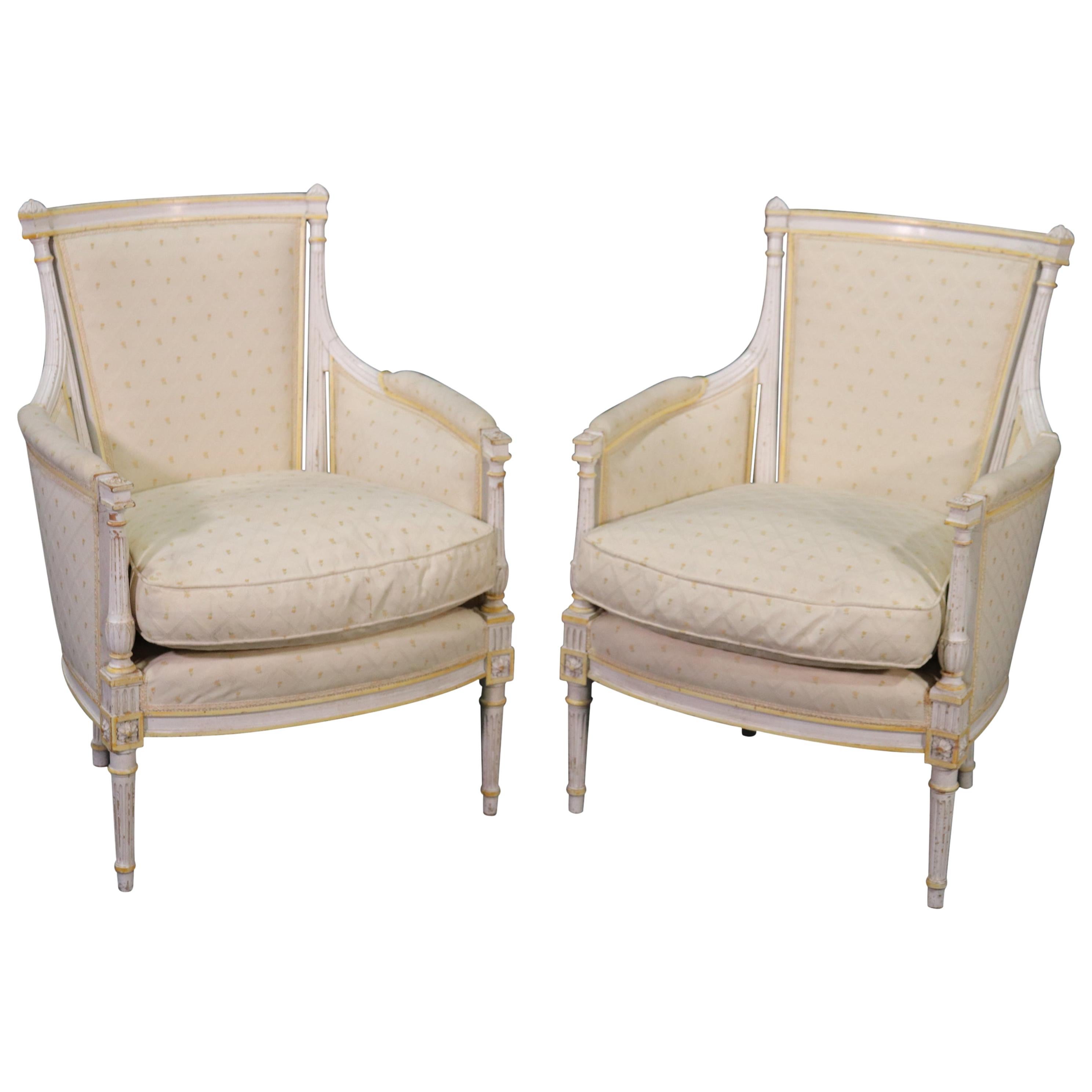 Pair Signed Maison Jansen White Painted Louis XVI Bergère Lounge Chairs C1940