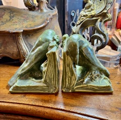 Pair Signed Matte Green Rookwood Crow Bookends, c. 1920s