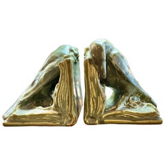 Pair Signed Matte Green Rookwood Crow Bookends, c. 1920s