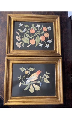 Pair, Signed Pietra Dura Style Bird & Peach Porcelain Plaque Set, C. 1972