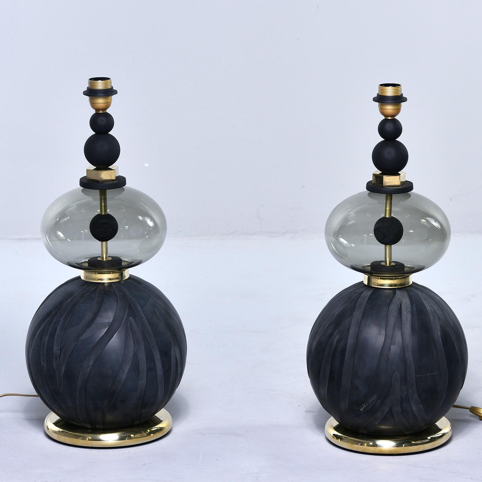 Italian Pair of Signed Roberto Cavalli Black Double Vessel Art Glass Lamps