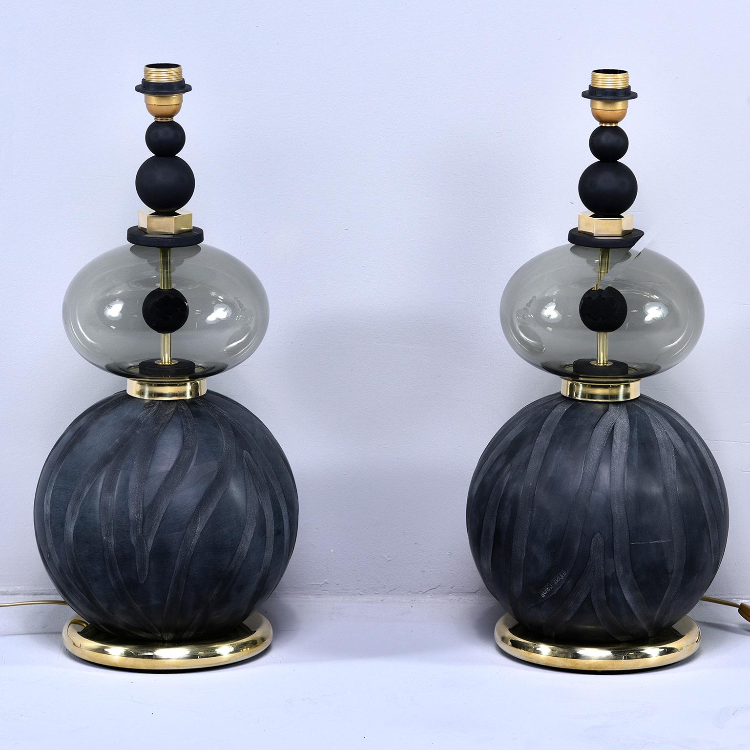 Pair of Signed Roberto Cavalli Black Double Vessel Art Glass Lamps 1