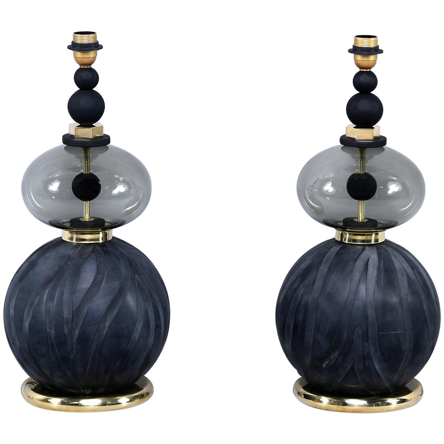 Pair of Signed Roberto Cavalli Black Double Vessel Art Glass Lamps