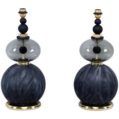 Pair of Signed Roberto Cavalli Black Double Vessel Art Glass Lamps