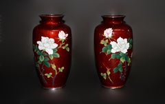 Pair Signed Sato Japanese Ginbari Red Cloisonne Vases Roses Crane