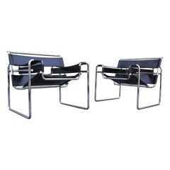 Pair Signed Stendig Marcel Breuer Wassily Lounge Chairs Italy 60s Black Leather