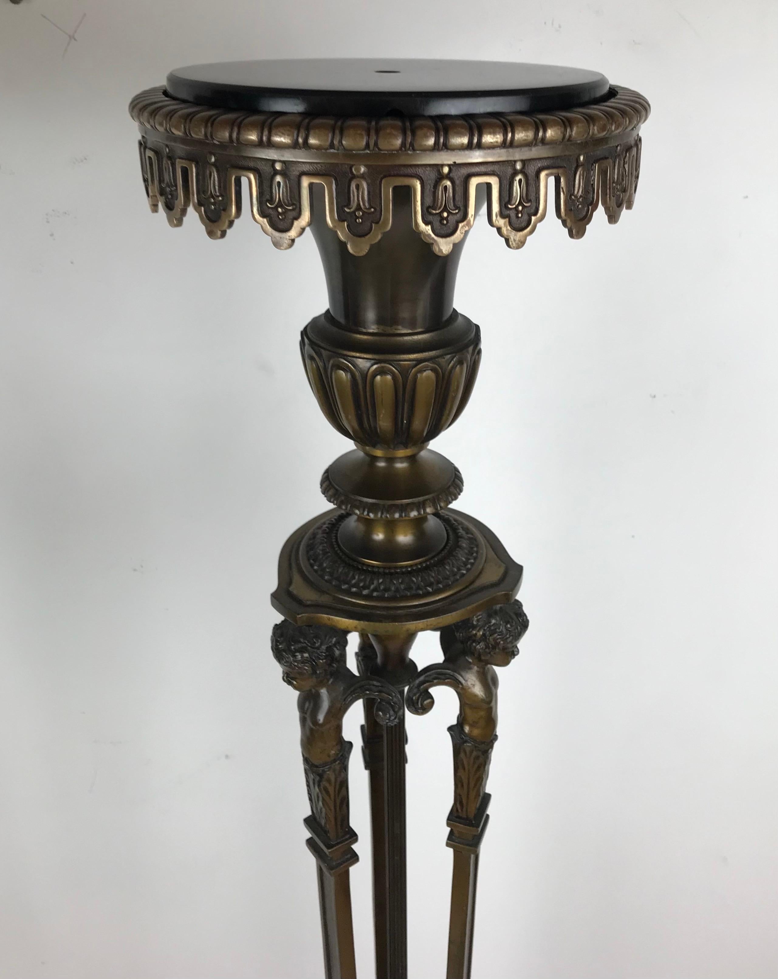 Edwardian Pair Signed Sterling Bronze Company Bronze and Marble Torchere Stands For Sale