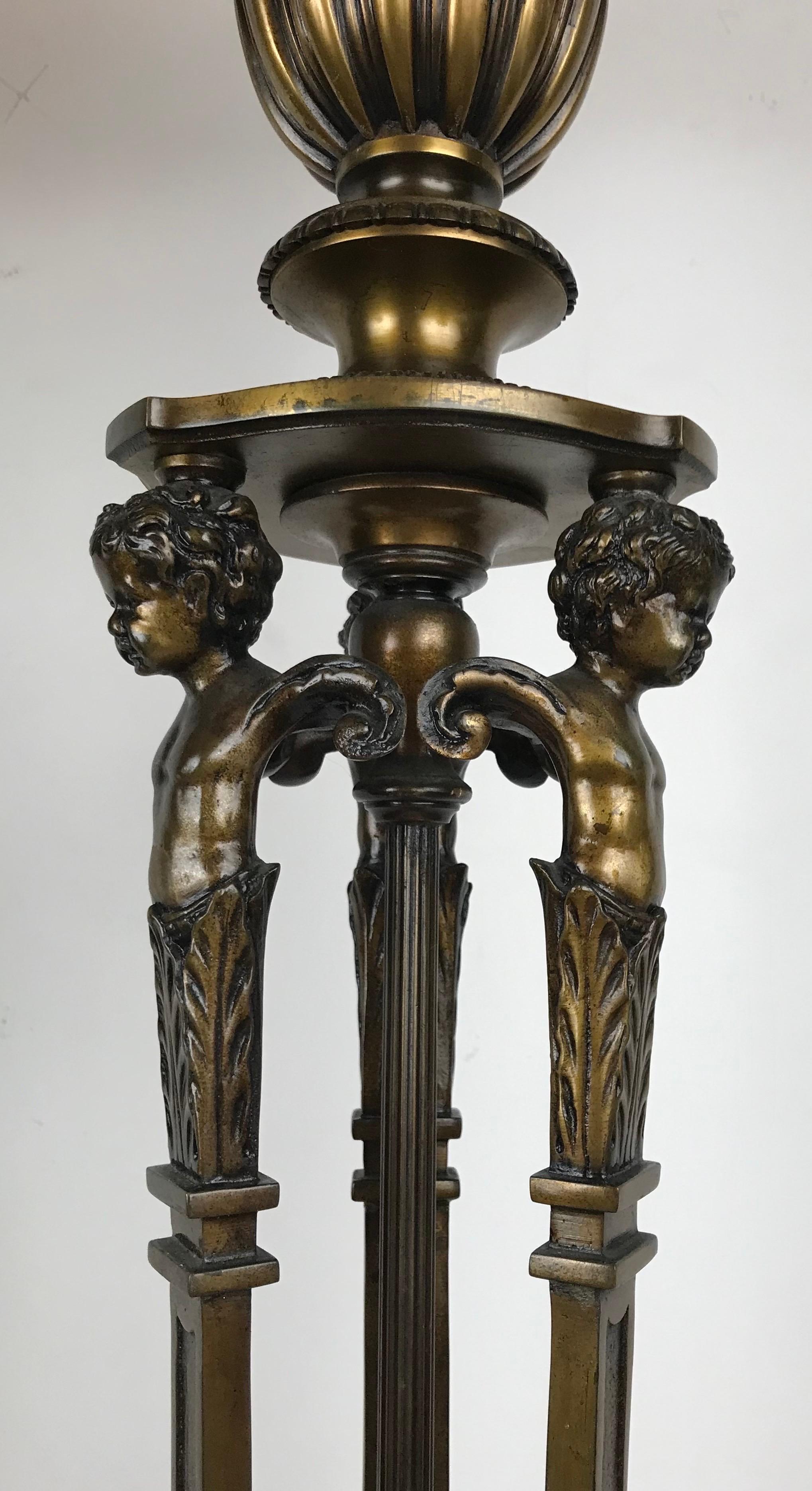 American Pair Signed Sterling Bronze Company Bronze and Marble Torchere Stands For Sale