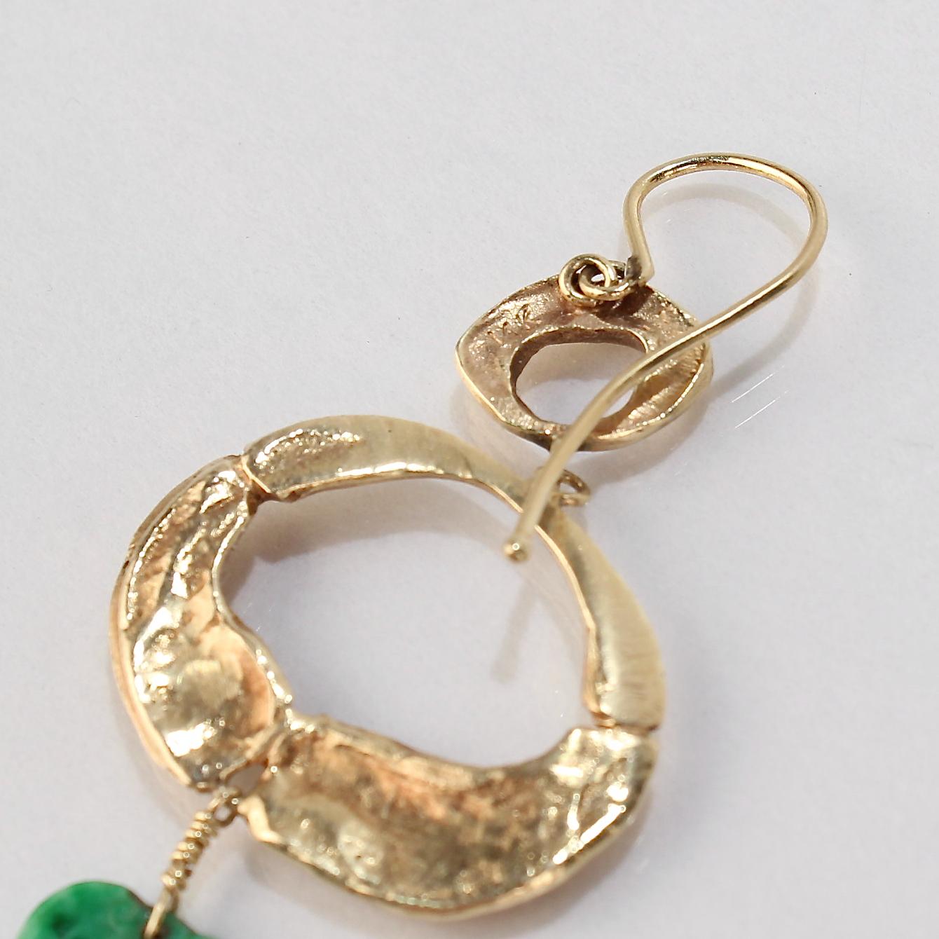 Modernist Pair of Wesley Emmons Organic Modern 14K Gold and Jade Pendant Earrings For Sale