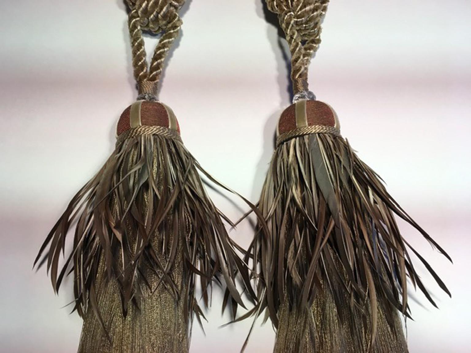 Pair Silk Curtains Tassels Bronze Color with Crystal and Faux Feathers Big Size 5