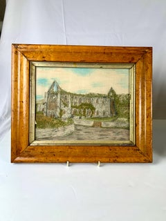 Pair Silk Needleworks Showing Ruins of Tintern Abbey and an English Castle