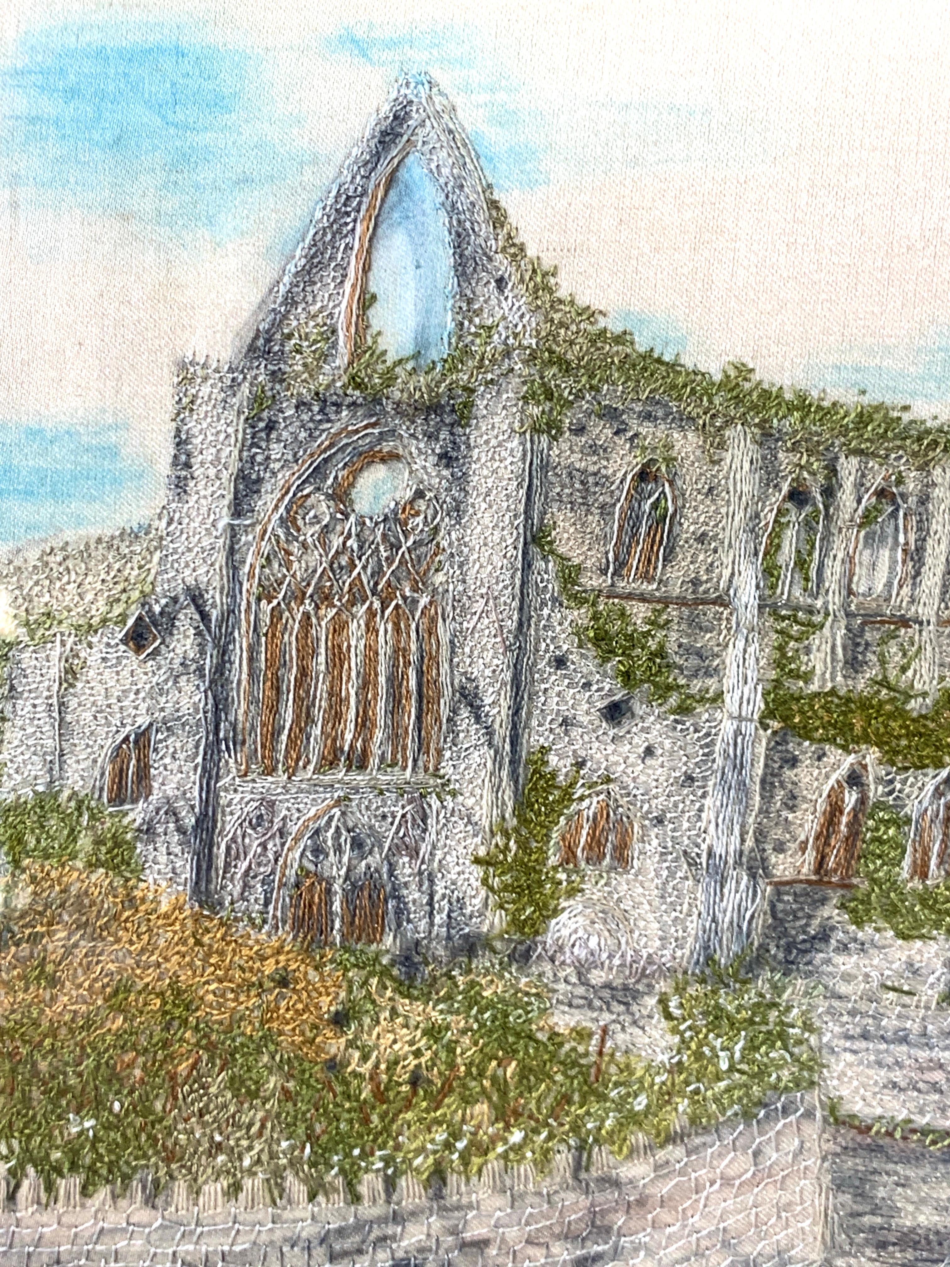 Hand-Crafted Pair Silk Needleworks Showing Ruins of Tintern Abbey and an English Castle