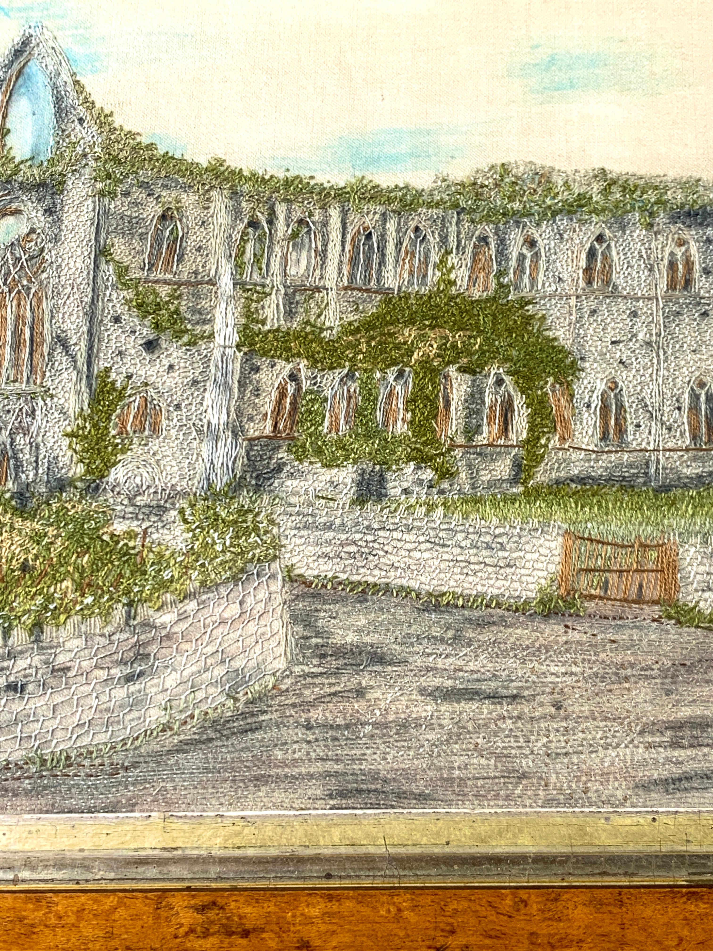 Pair Silk Needleworks Showing Ruins of Tintern Abbey and an English Castle In Good Condition In Katonah, NY