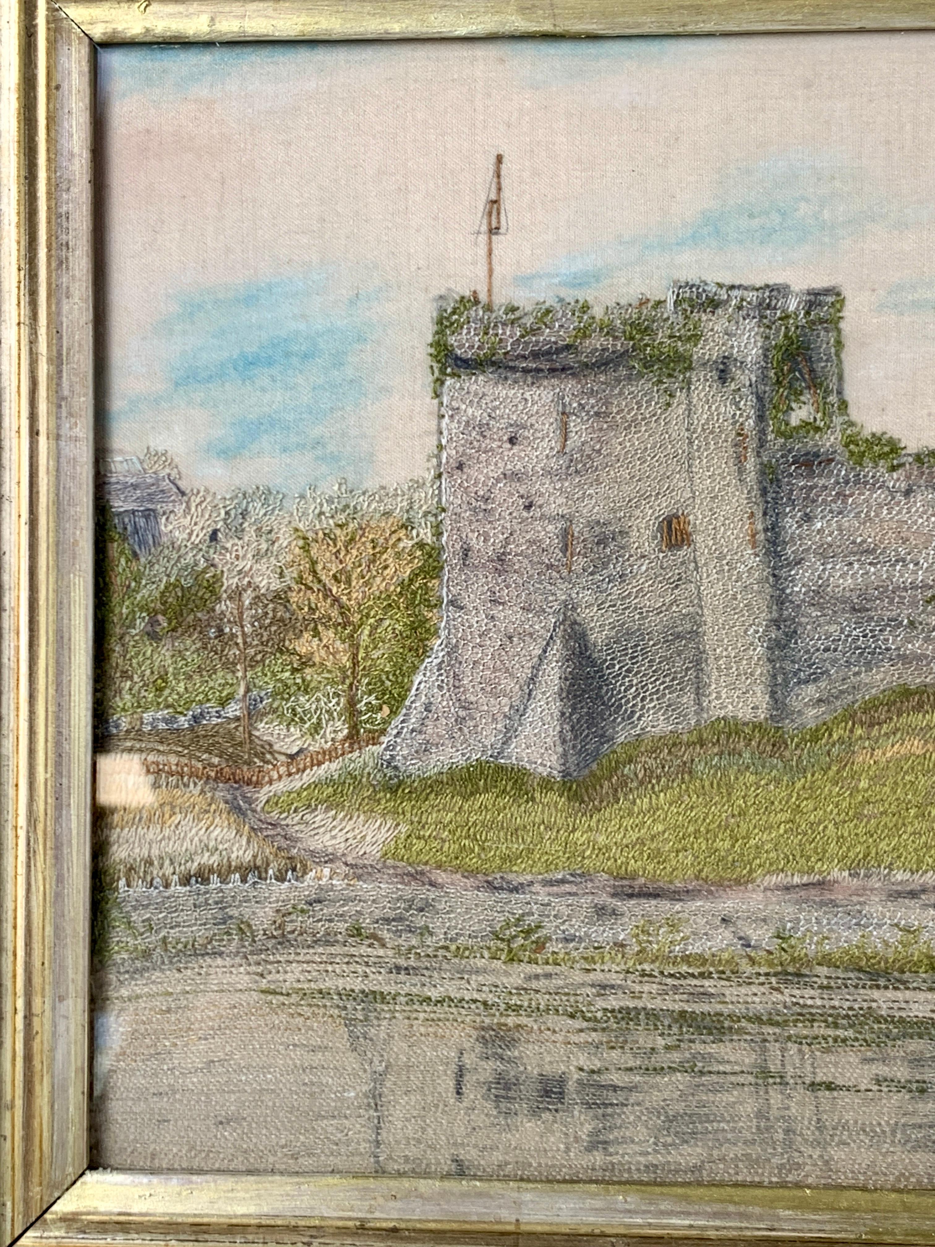 Pair Silk Needleworks Showing Ruins of Tintern Abbey and an English Castle 1