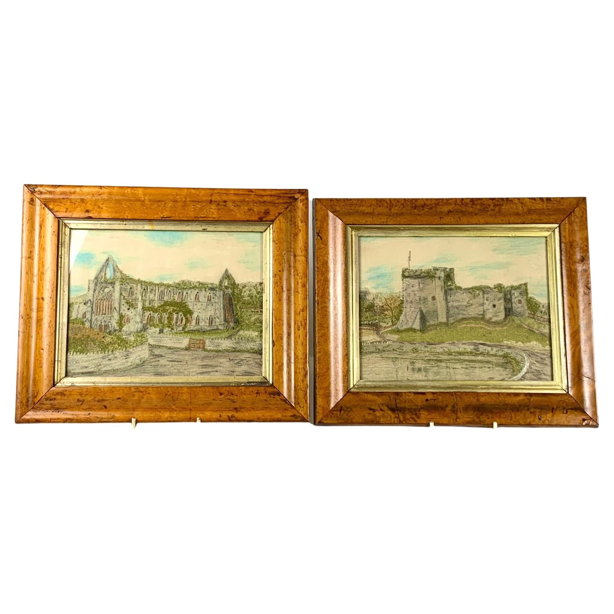 Pair Silk Needleworks Showing Ruins of Tintern Abbey and an English Castle