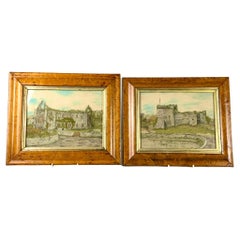 Pair Silk Needleworks Showing Ruins of Tintern Abbey and an English Castle