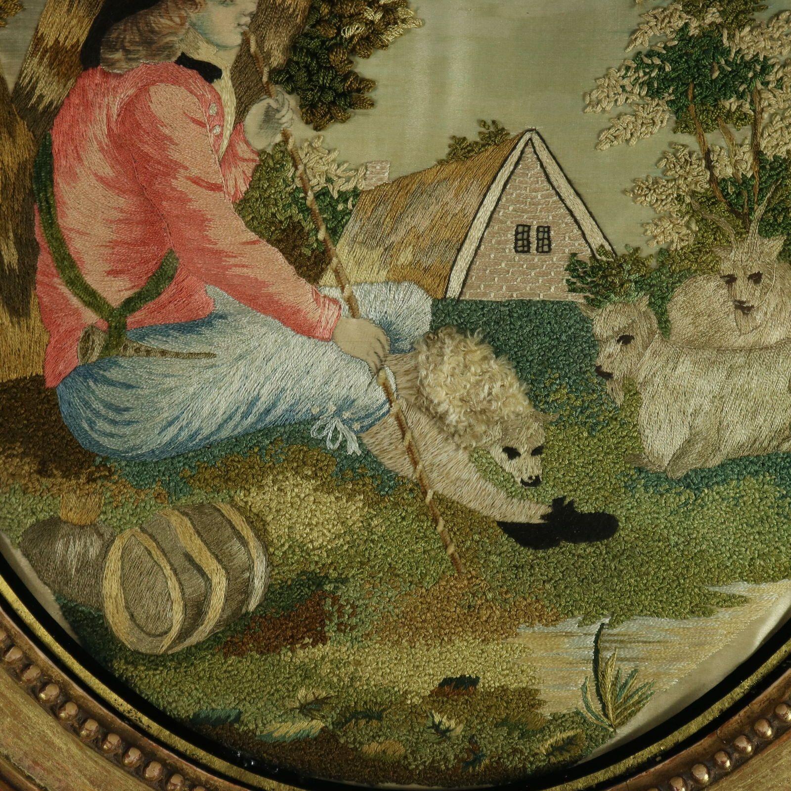 19th Century Pair Silkwork Embroidered Pictures of Shepherd & Shepherdess For Sale