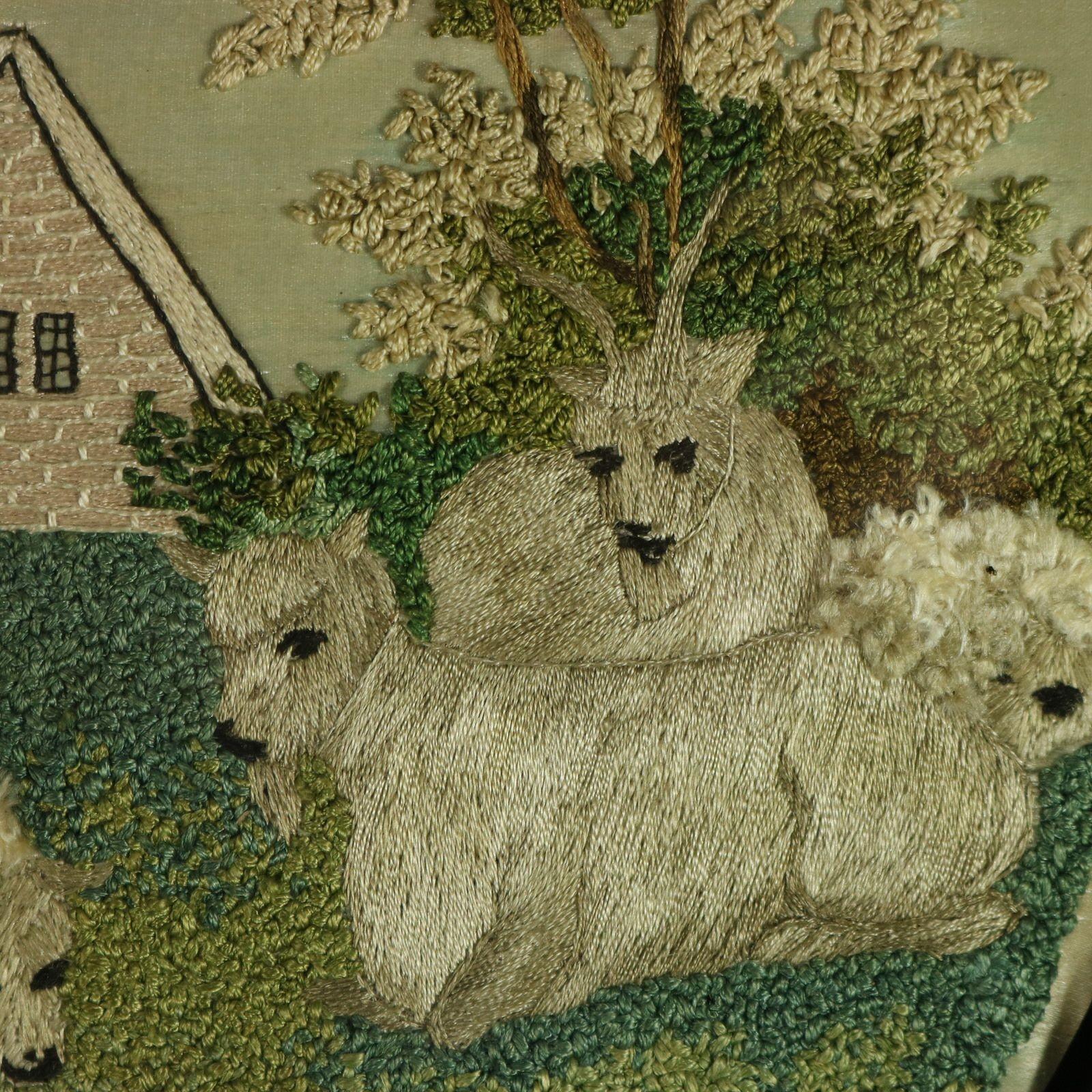 Pair Silkwork Embroidered Pictures of Shepherd & Shepherdess For Sale 2
