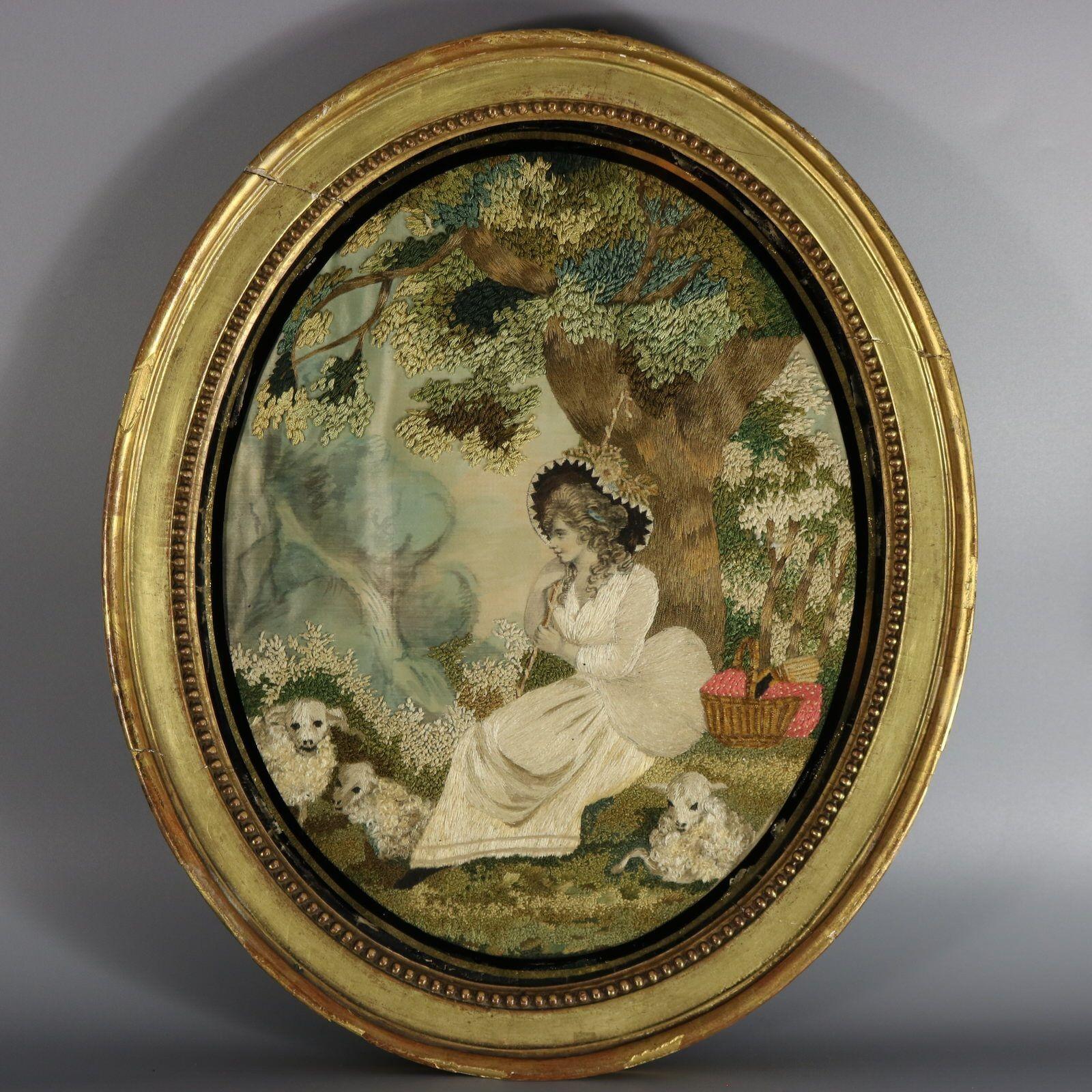 Pair Silkwork Embroidered Pictures of Shepherd & Shepherdess For Sale 5