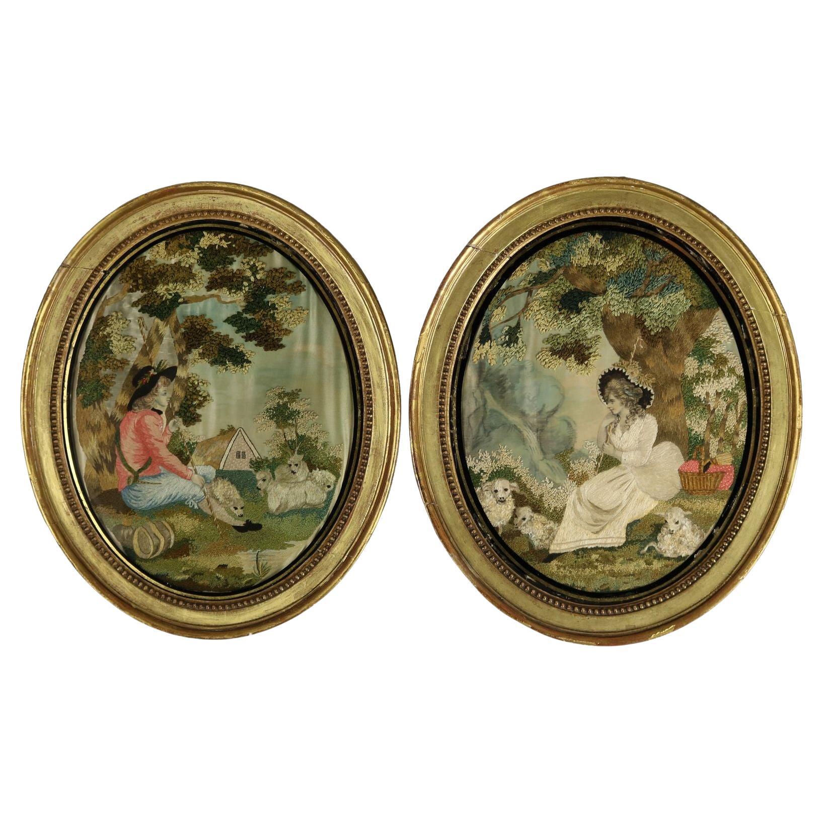Pair Silkwork Embroidered Pictures of Shepherd & Shepherdess For Sale