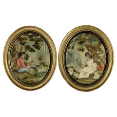 Pair Silkwork Embroidered Pictures of Shepherd & Shepherdess