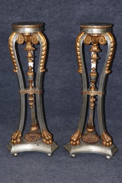 Pair Silver and Gold Leaf Carved Walnut French Louis XV Style Pedestals Stands
