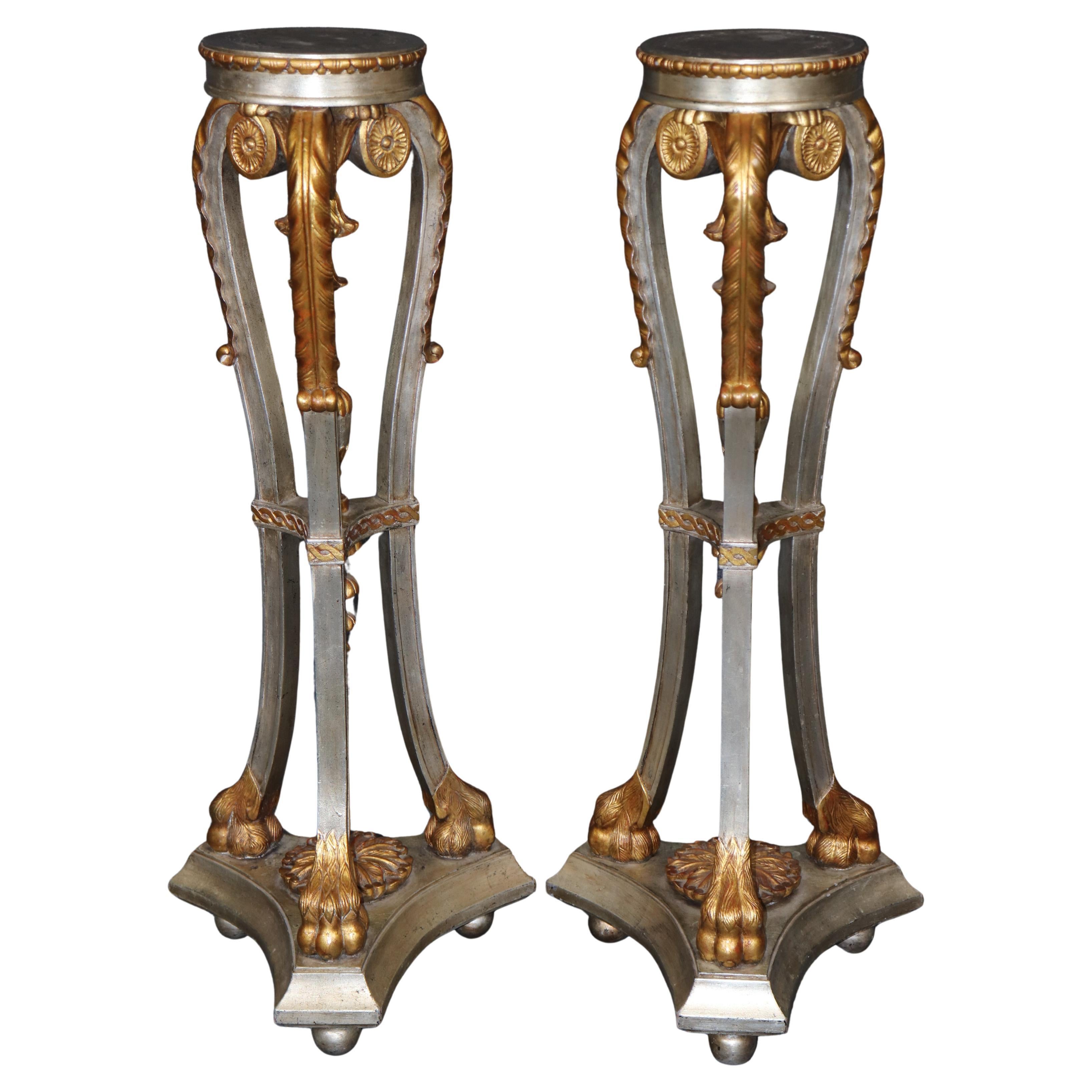 Pair Silver and Gold Leaf Carved Walnut French Louis XV Style Pedestals Stands