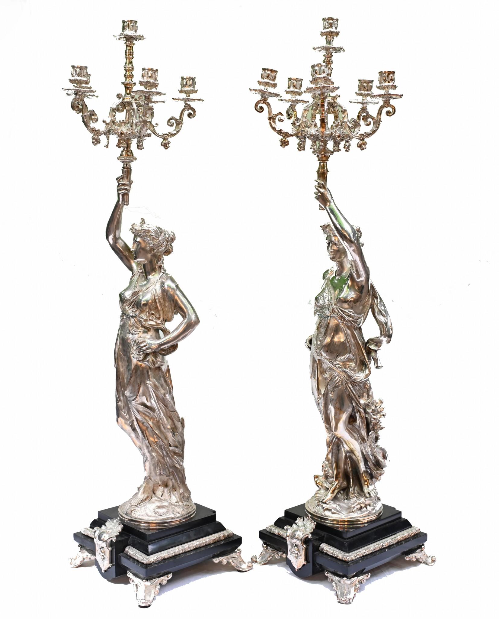 Pair Silver Bronze Candelabras by Gregoire Figurines For Sale 8