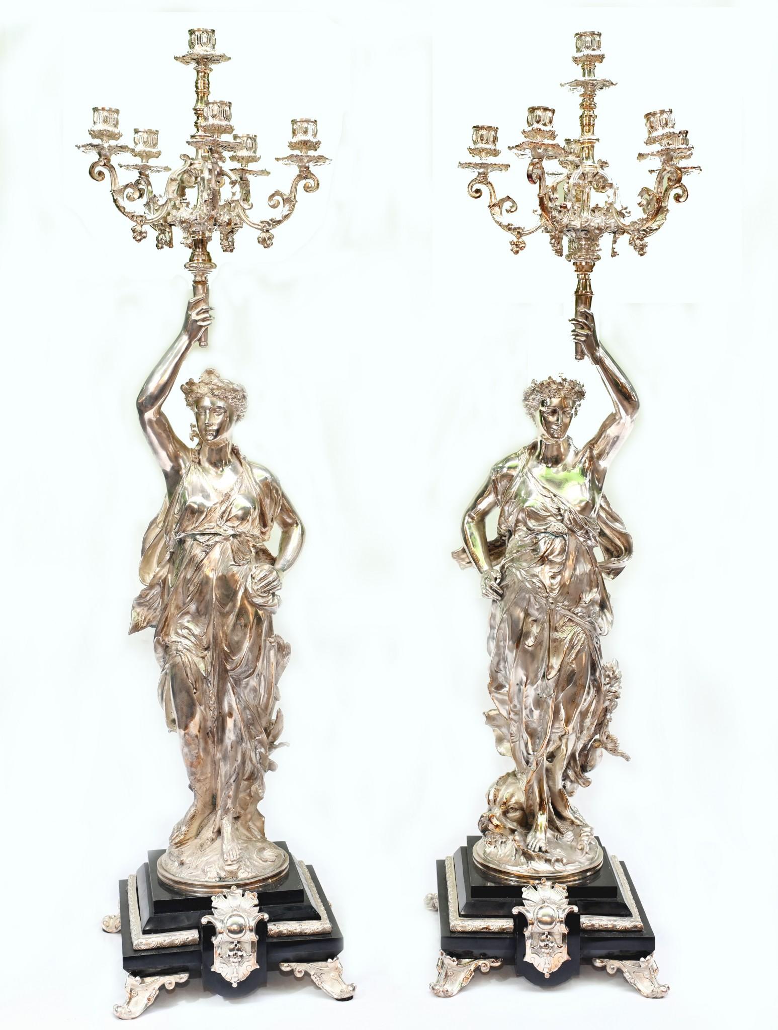 Gorgeous pair of French Silver Plate candelabras by Gregoire
I hope the photos do this stunning pair some justice - better in the flesh!
These stand in at 40 inches tall so an impressive size
Perfect left and right
These remind us of the Statue of
