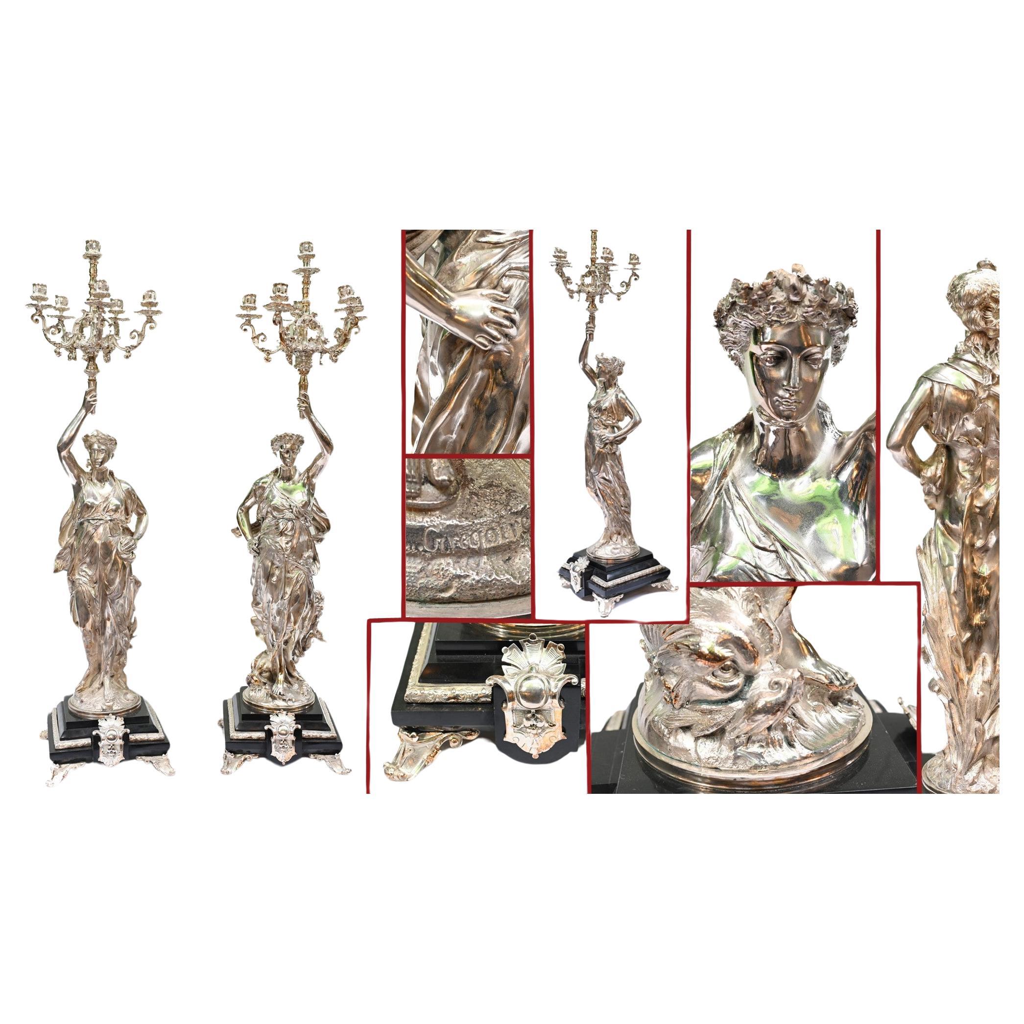 Pair Silver Bronze Candelabras by Gregoire Figurines For Sale