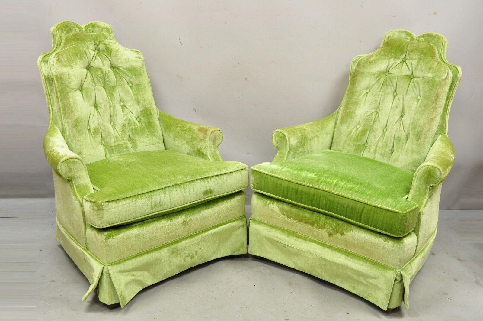 Pair of Vintage Silver Craft Lime Green Upholstered Button Tufted Club Lounge Chairs. Circa  Late 20th Century. Measurements: 40