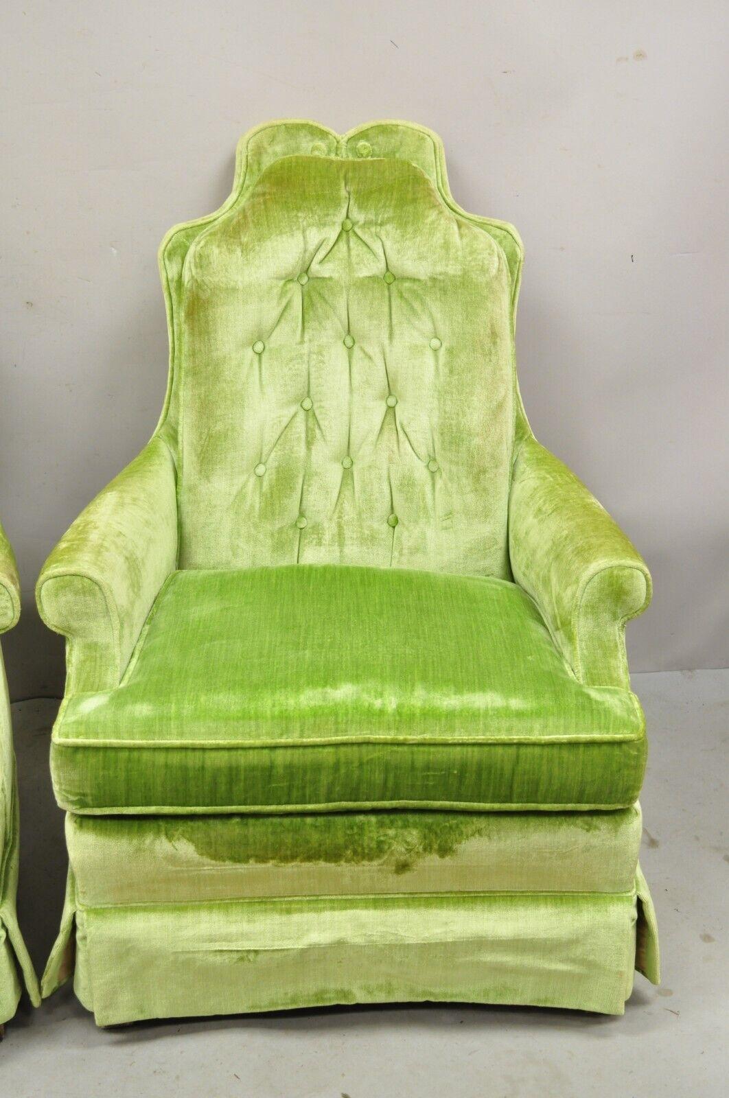 Hollywood Regency Pair Silver Craft Lime Green Upholstered Button Tufted Club Lounge Chairs