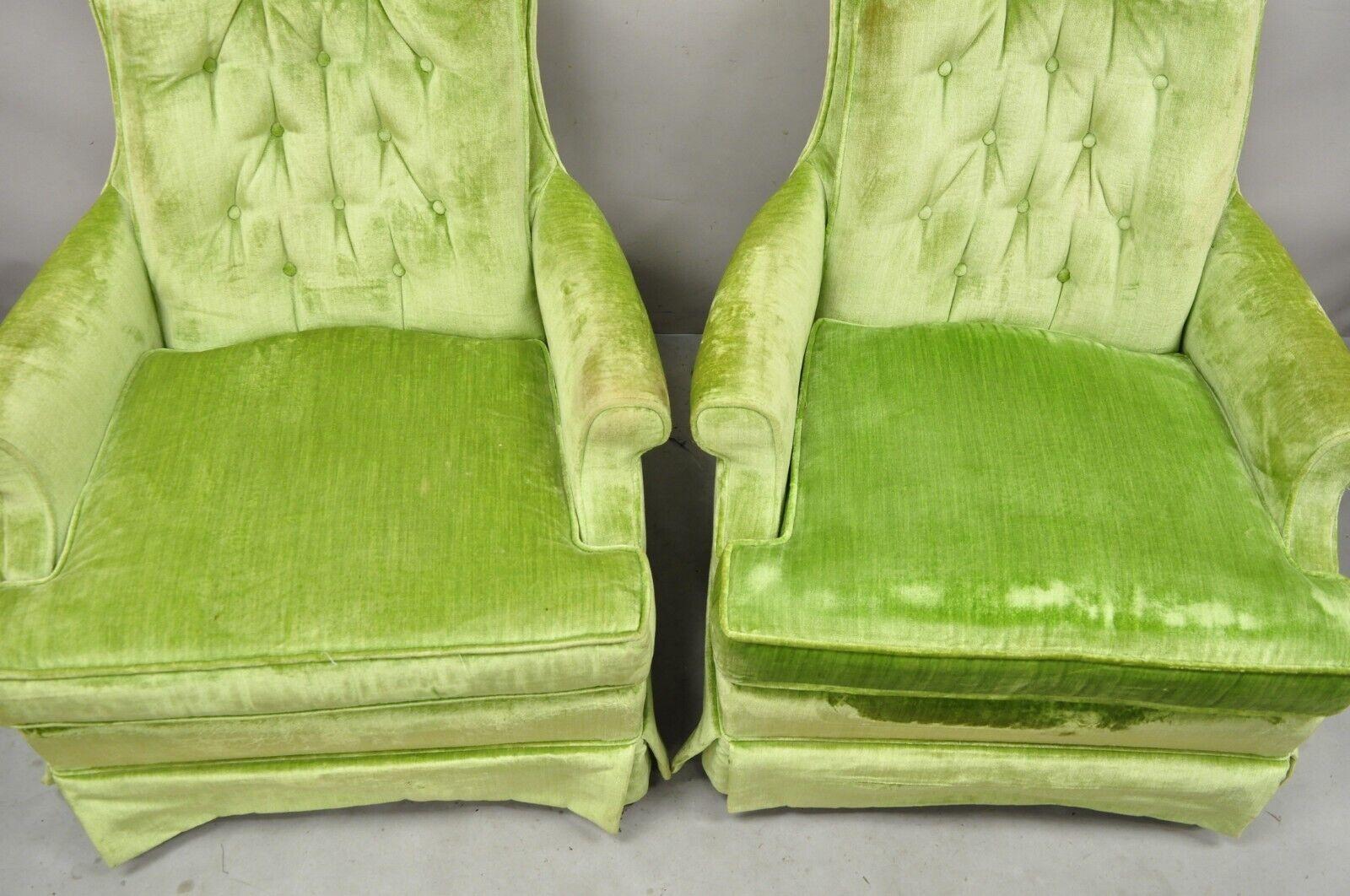 20th Century Pair Silver Craft Lime Green Upholstered Button Tufted Club Lounge Chairs